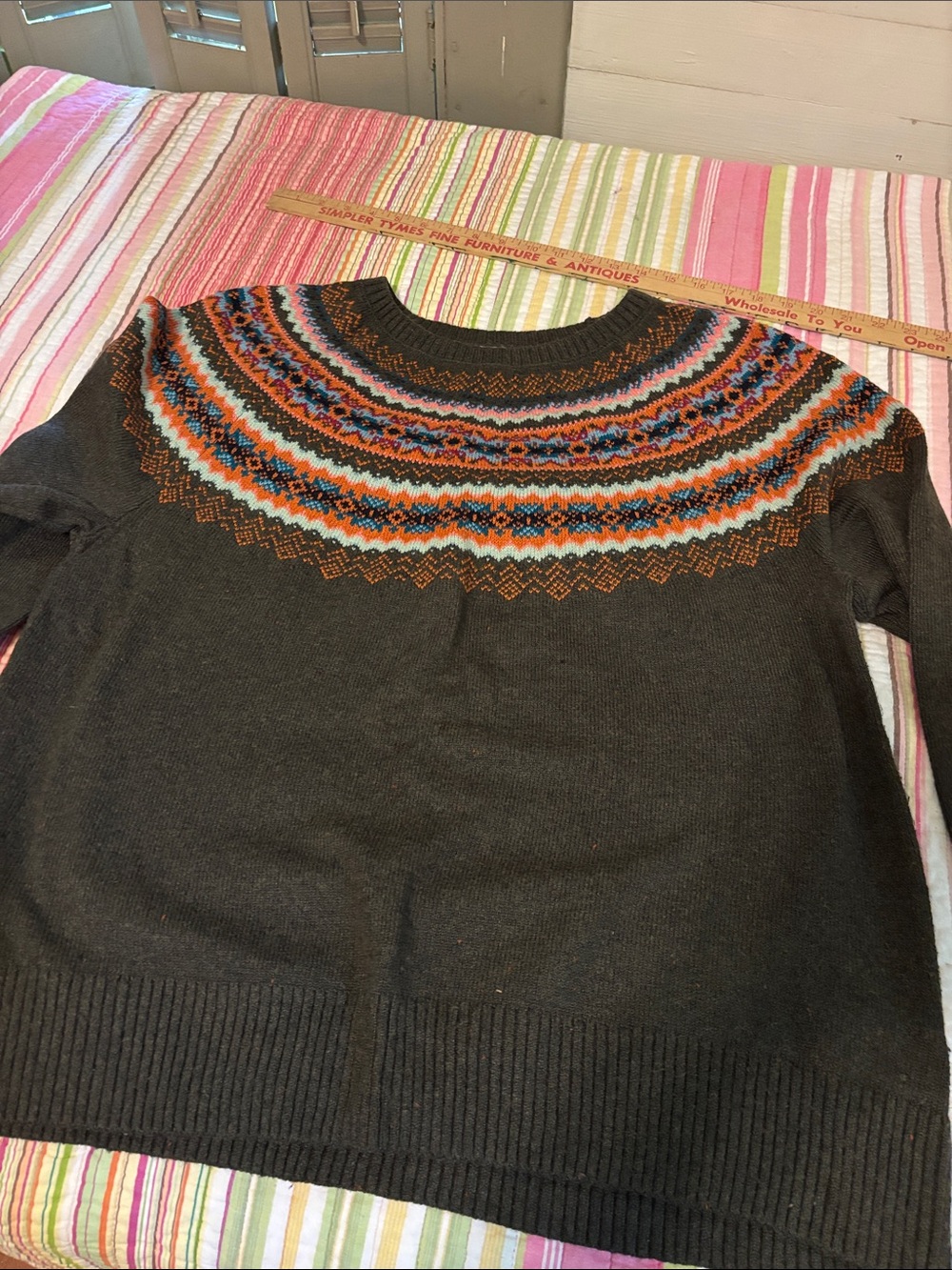 Talbots Dark Brown Crewneck Sweater with Multicolor Fair Isle Yoke